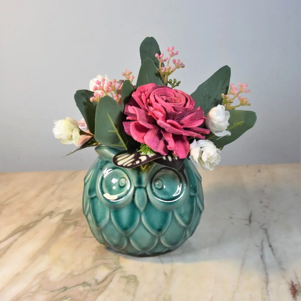 Wise Owl! 4 inch Aqua ceramic owl planter with sustainable Sola wood roses